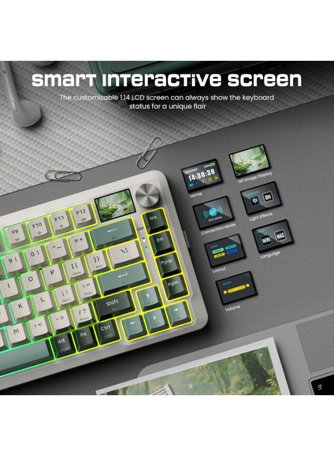 REDRAGON K708WLG Pro Wireless Mechanical Gaming Keyboard – 75% Layout 81 Keys, Tri-Mode 2.4G / Bluetooth / USB-C, Gasket Mount, Hot-Swap Pre-Lubed Switches, RGB Backlit, Smart LCD Screen & Control Knob, White & Green - Image 3